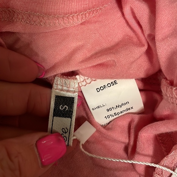 Lace stretch top / blouse mock neckline overlay with attached tank S/S pink sz S - Picture 13 of 15